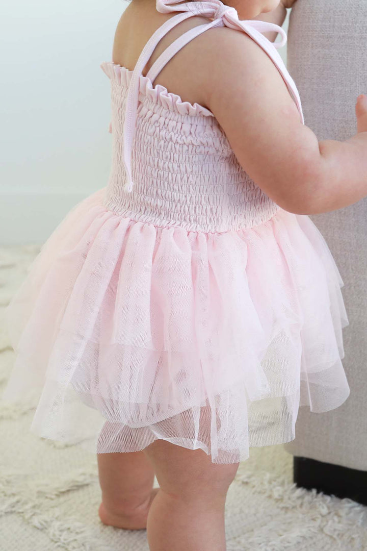 blush tutu bodysuit for babies with tie straps 