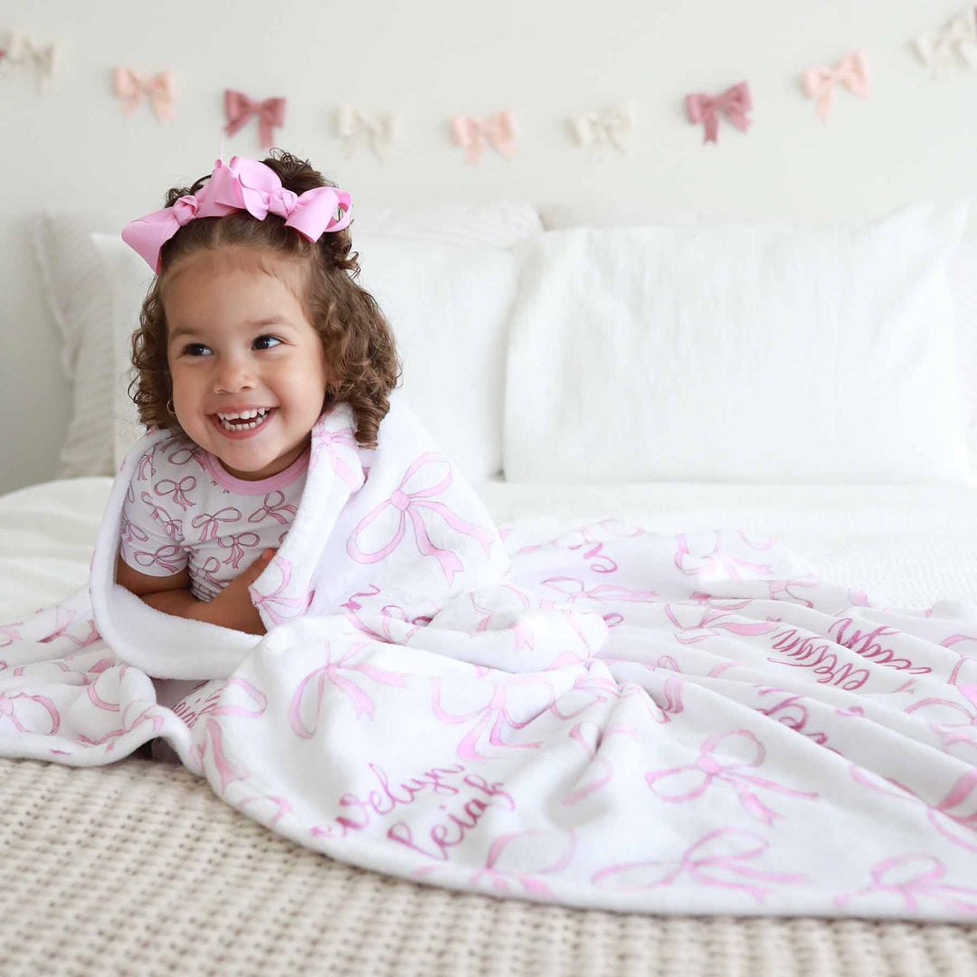 white blanket with pink bows personalized 