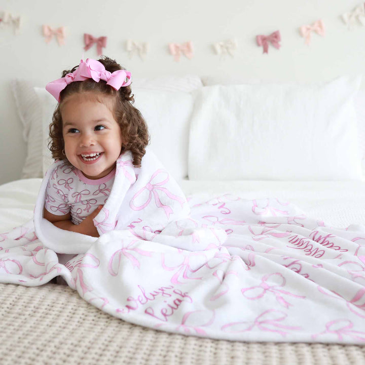 white blanket with pink bows personalized 