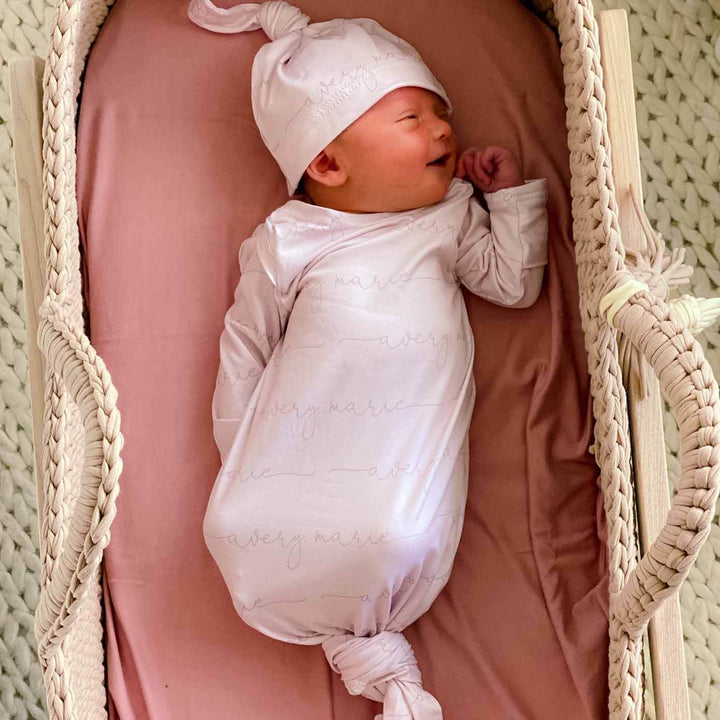 blush personalized newborn knot gown