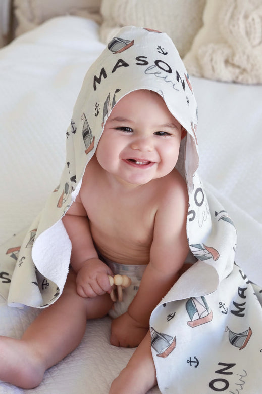 set sail personalized hooded baby towel with name