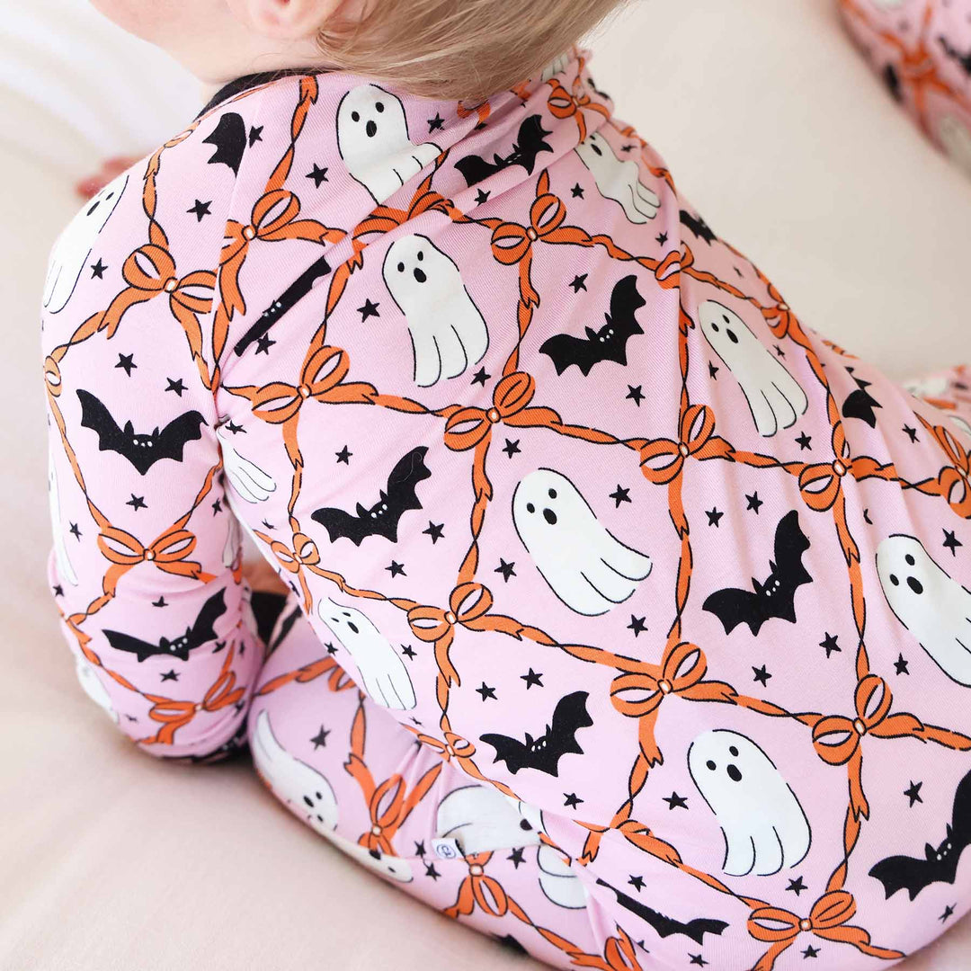boo babes ghost, bat and bow halloween zip romper pajama for baby and toddler girls 