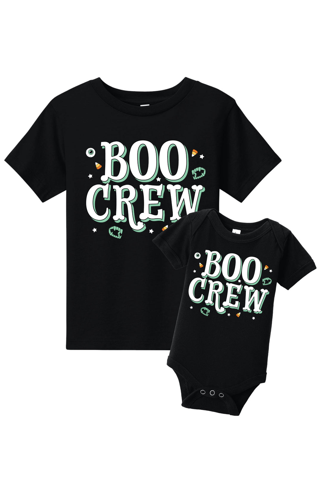 Black t-shirt and baby bodysuit set with 'BOO CREW' text on a white background
