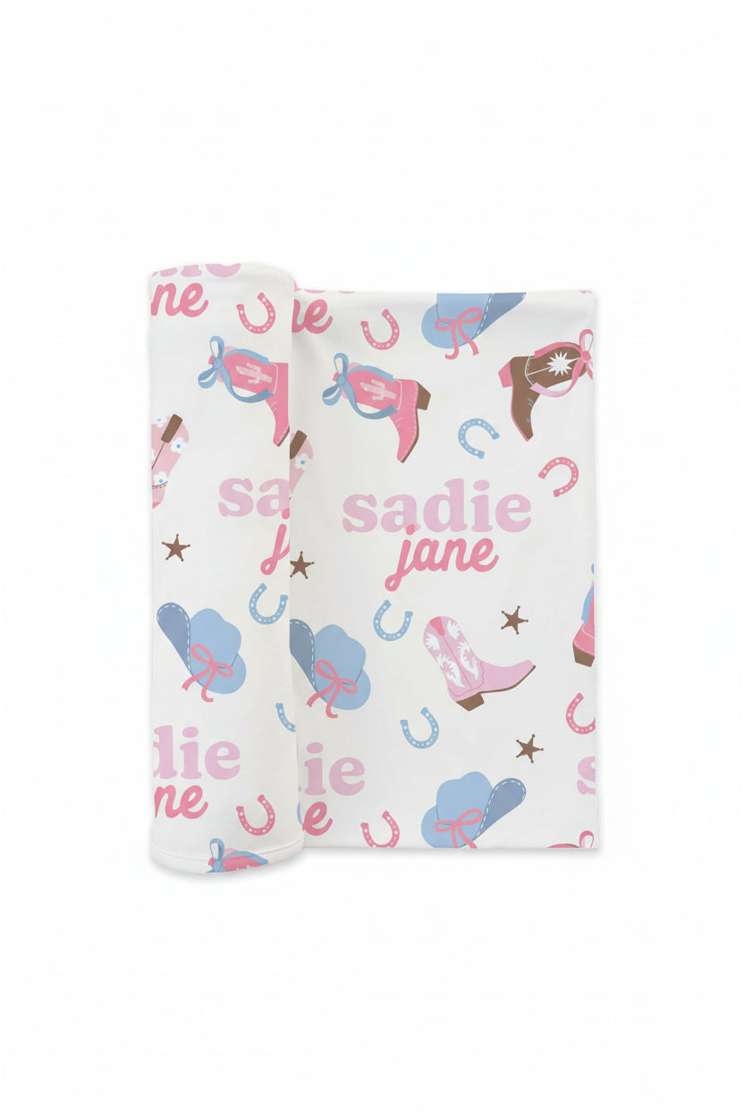pink cowgirl personalized swaddle blanket for babies 