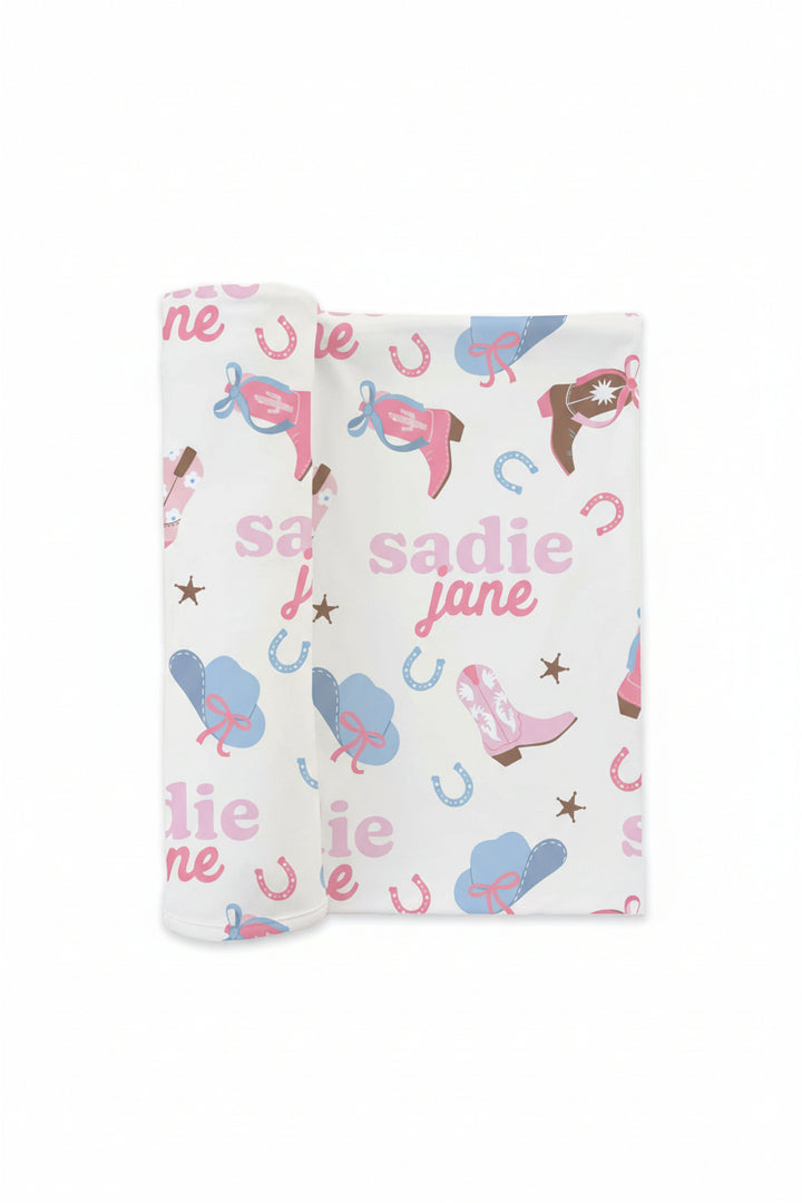 pink cowgirl personalized swaddle blanket for babies 