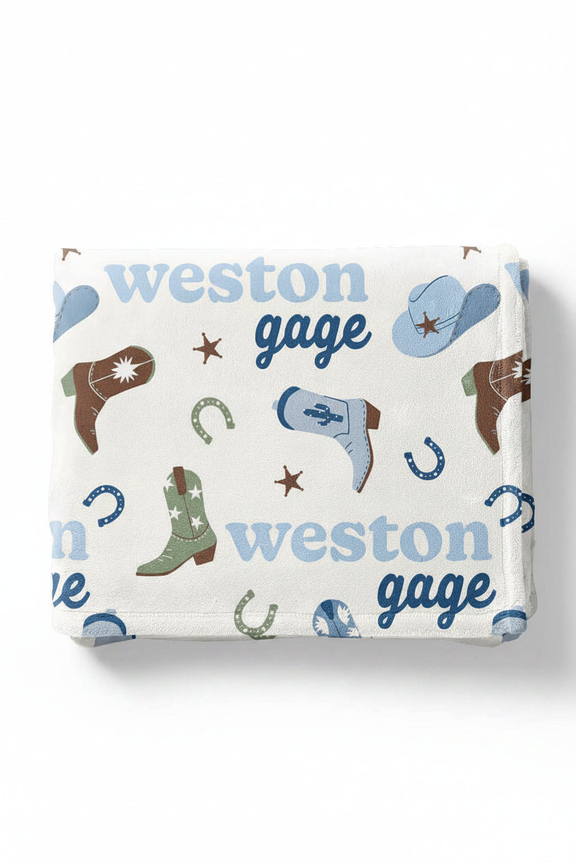 blue and green cowboy personalized blanket for kids 