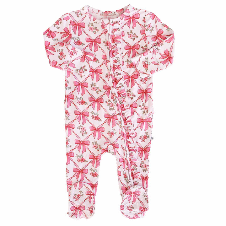 bow besties zipper footie for babies with ruffles 