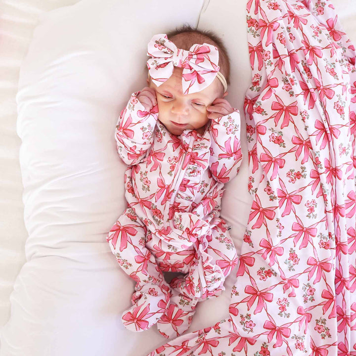 baby zipper footie with ruffle pink bows 