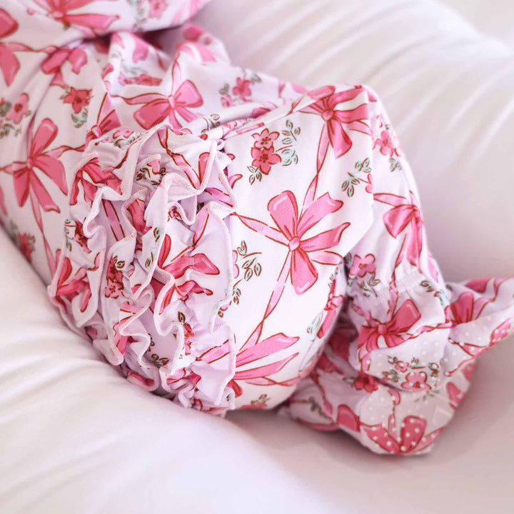 bow besties ruffle zipper footie for babies pink bows 