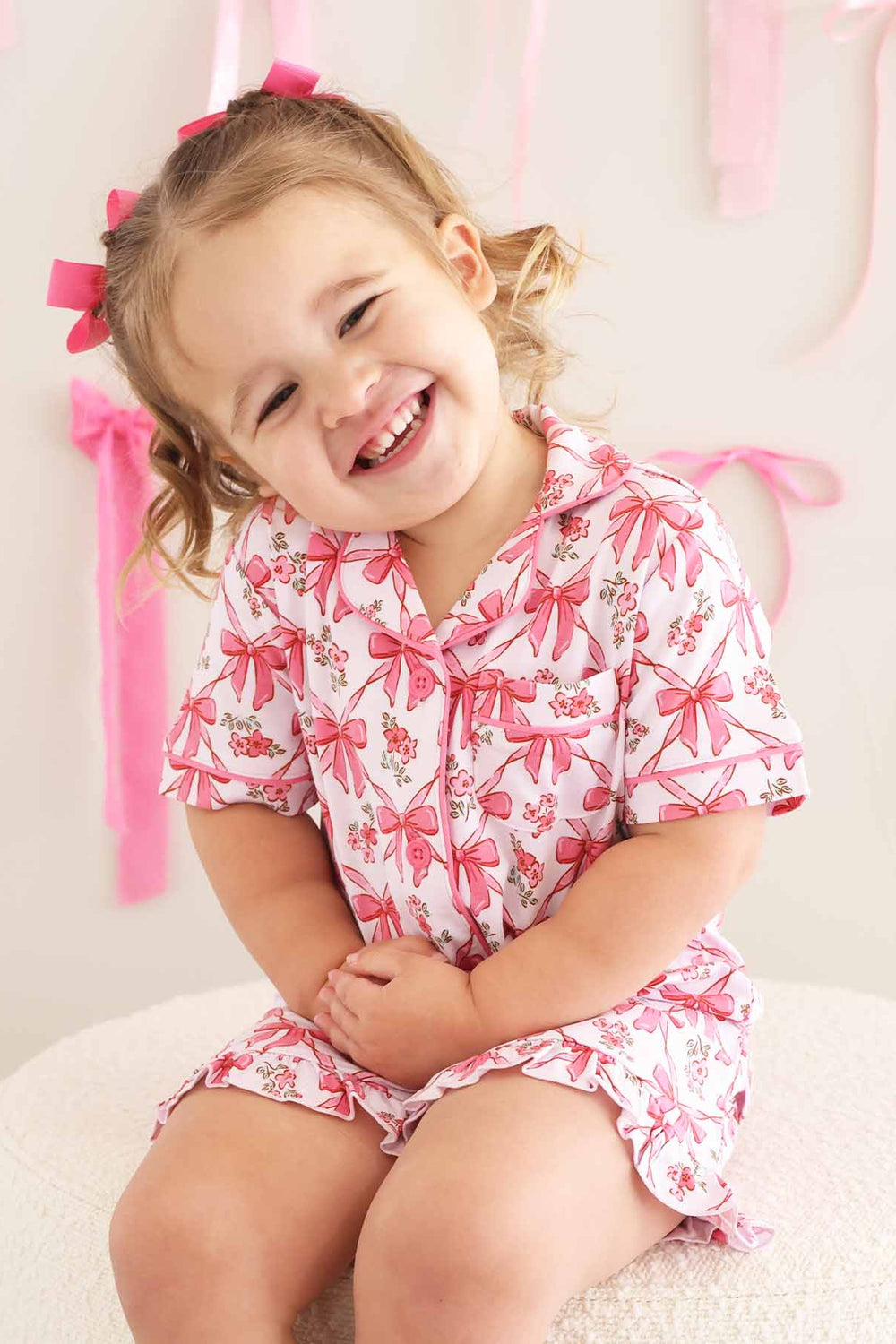 bow print short sleeve 2 pc pajamas for kids