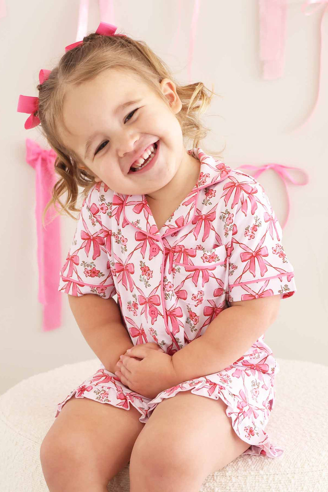 bow print short sleeve 2 pc pajamas for kids