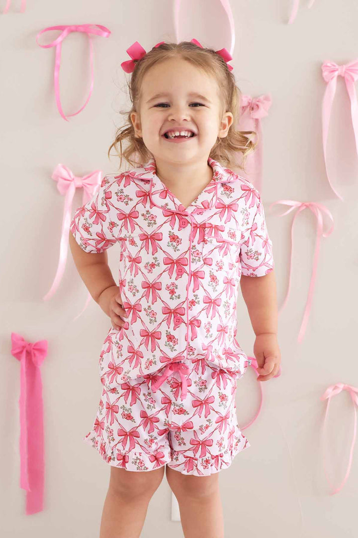 kids short matching pajama set with bows and flowers