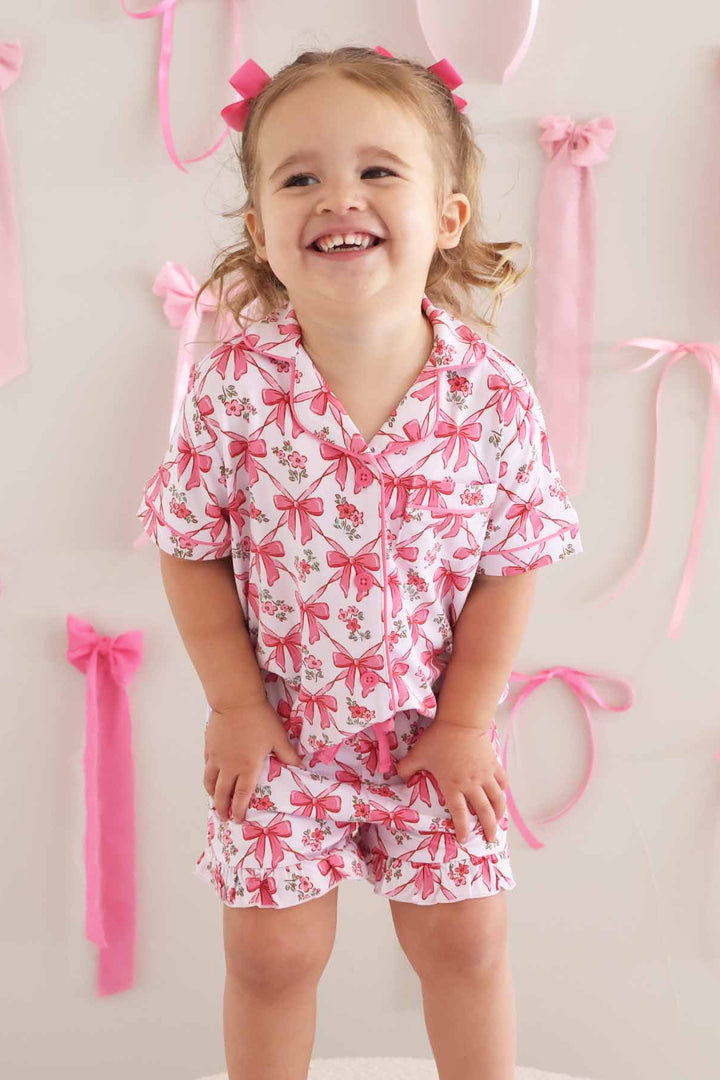 girls short matching pajama set with bows and flowers