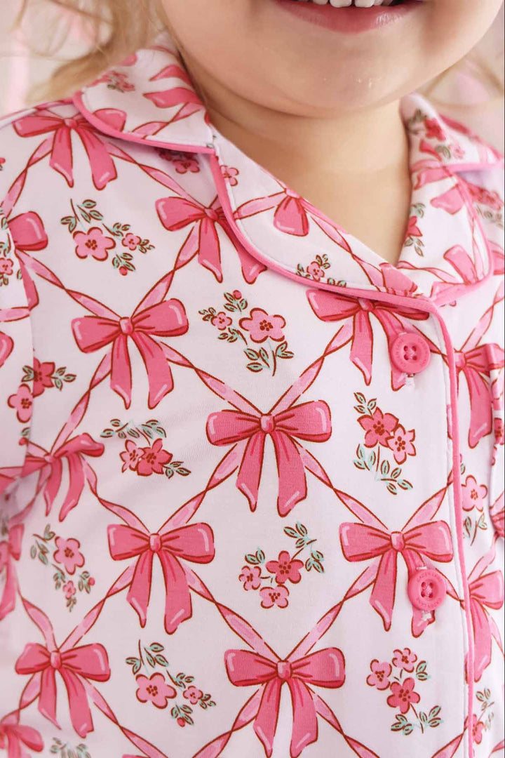 bow and flower print short sleeve pajama top