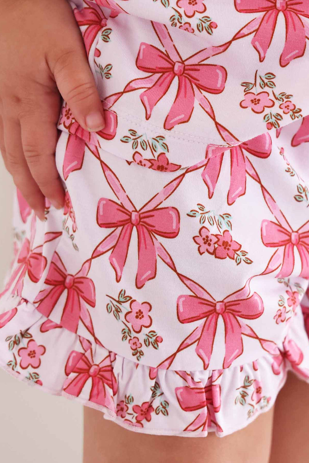 pajama shorts with bows and flower print for kids