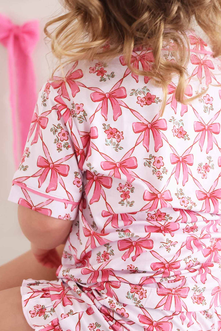 bows and floral print short sleeve pajamas for toddlers