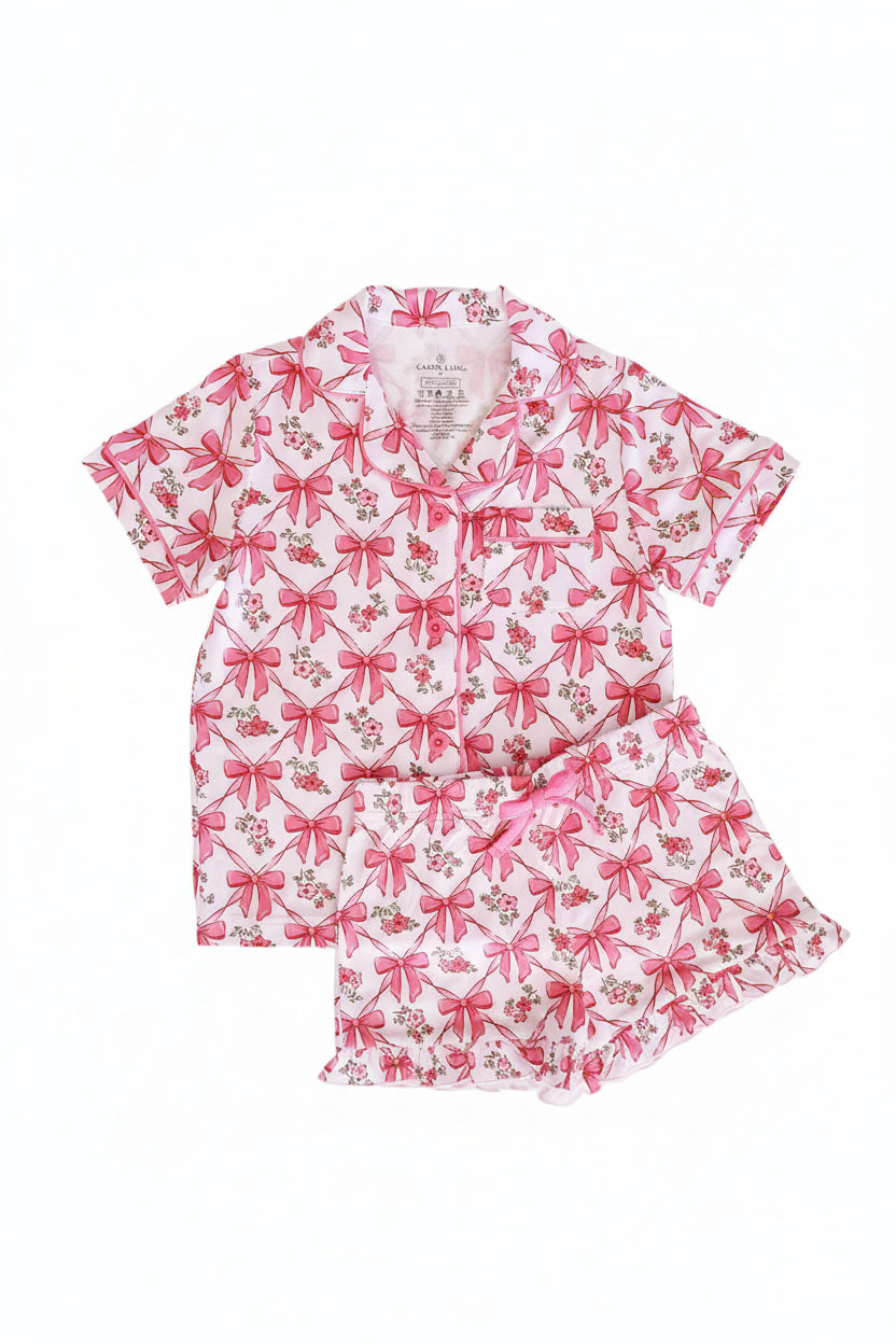 girls short 2 pc pajamas with bows and flowers