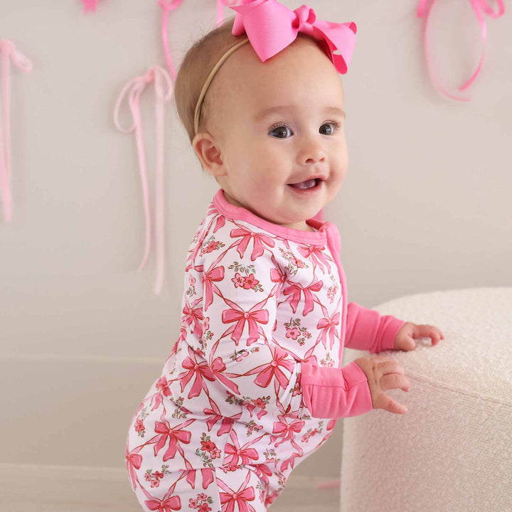 babies printed zip romper pajamas with bows and flowers