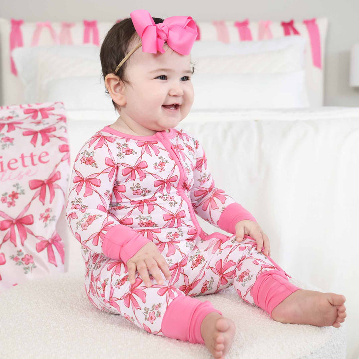 bow print full zip romper for babies