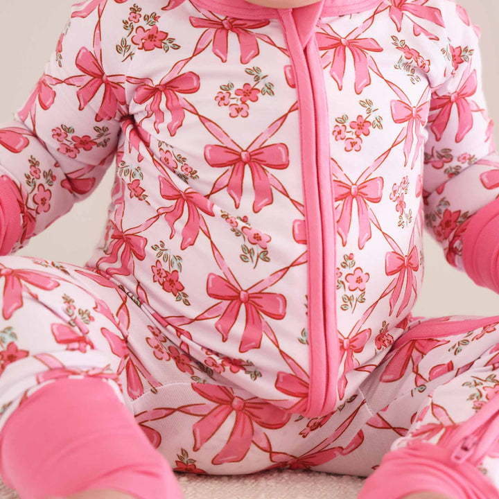 bows and floral print full zip romper for babies