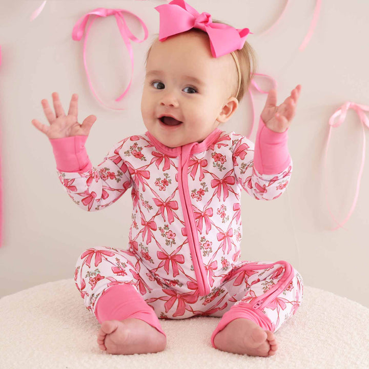 kids printed zip romper pajamas with bows and flowers
