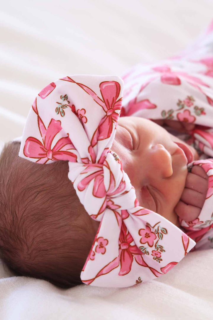 baby girls bow headwrap with pink ribbon bows