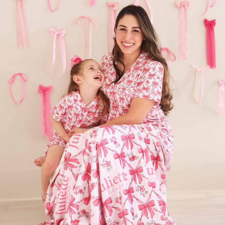 personalized blanket for kids mom and daughter matching print pink bows