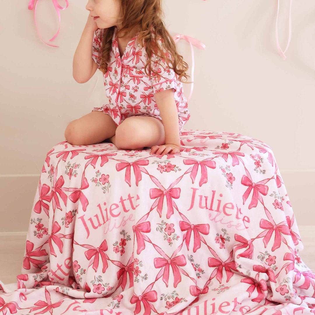 pink bow personalized kids blanket 