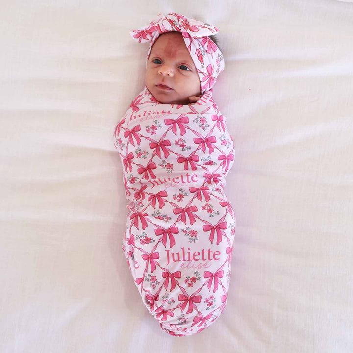 bow personalized baby name swaddle blanket