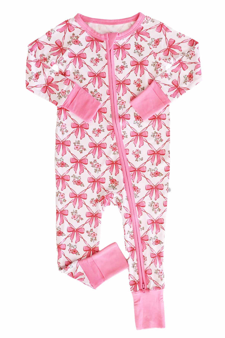 girls full zip romper with bows and flowers