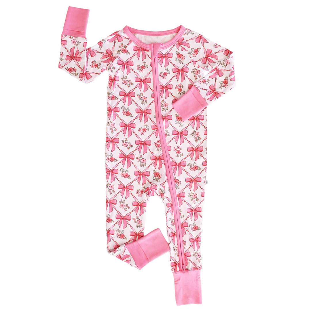 girls full zip romper with bows and flowers
