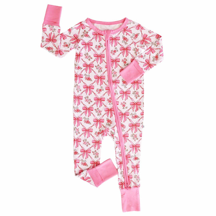 girls full zip romper with bows and flowers