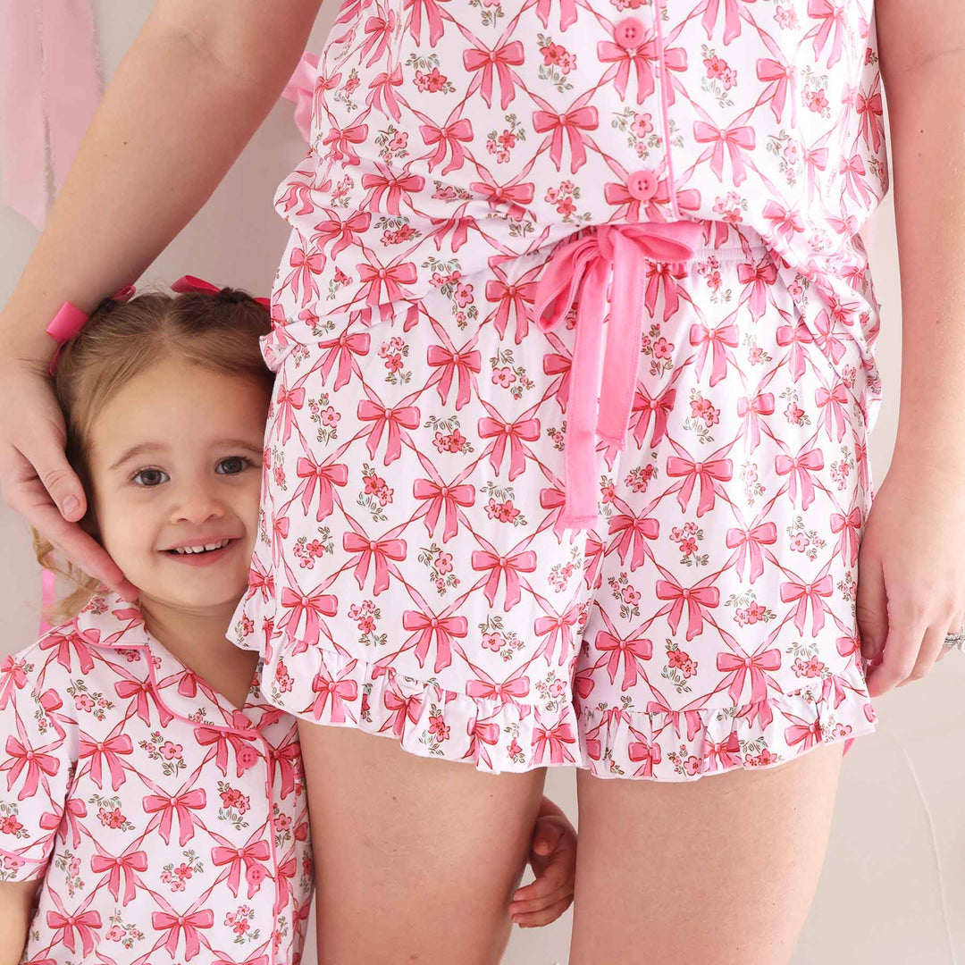 bow besties pink matching pajamas for mom and daughter 