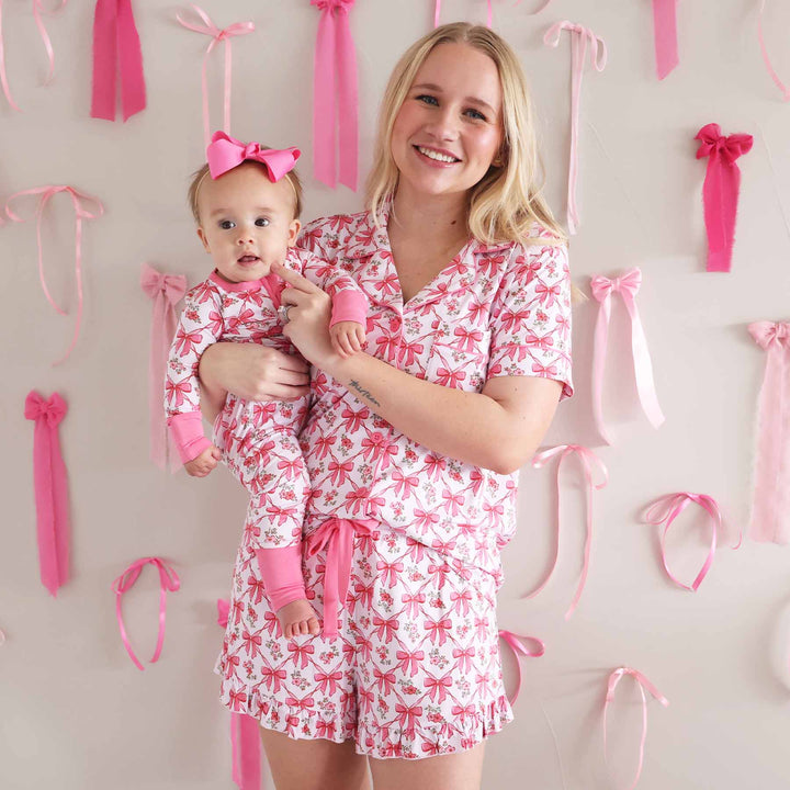 pink bow short sleeve shirt and ruffle shorts two piece pajama set for moms 