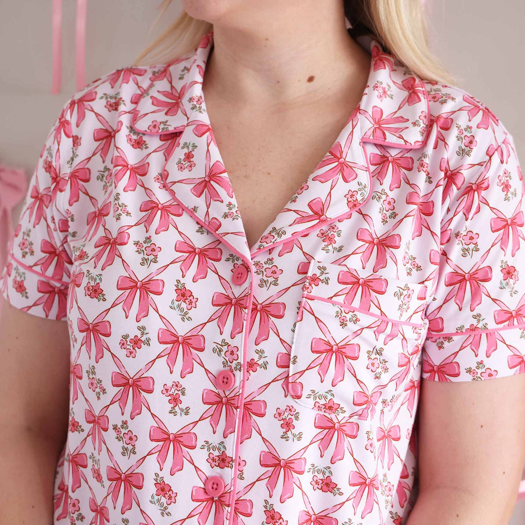 women's collared short sleeve pink bow and flower two piece pajama set