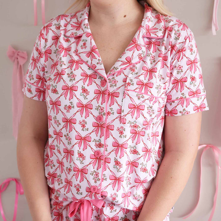 bow besties front pocket two piece pajama set for women mom and daughter matching 