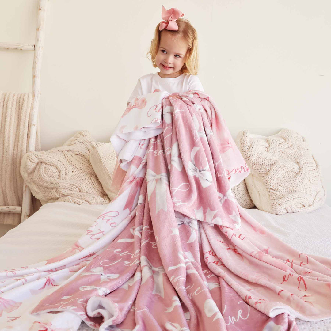 personalized bow blanket for kids pink and white