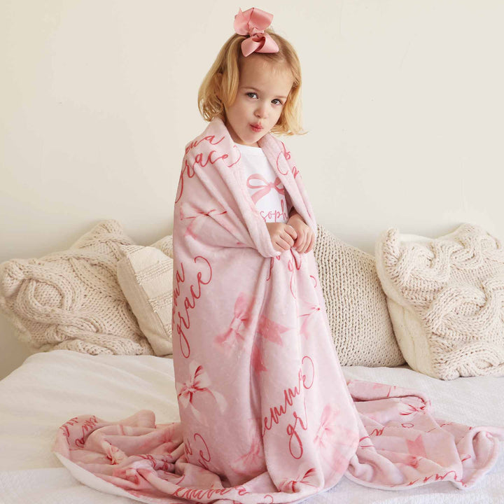 personalized blanket for toddlers pink with pink bows 