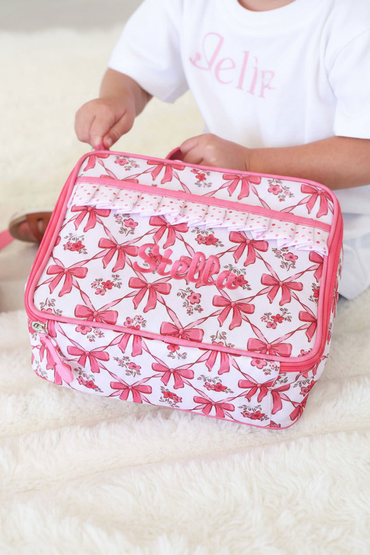 bow besties polka dot trim embroidered lunchbox for kids 