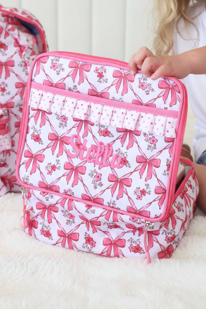 bow, floral and polka dot embroidered name lunchbox for girls 