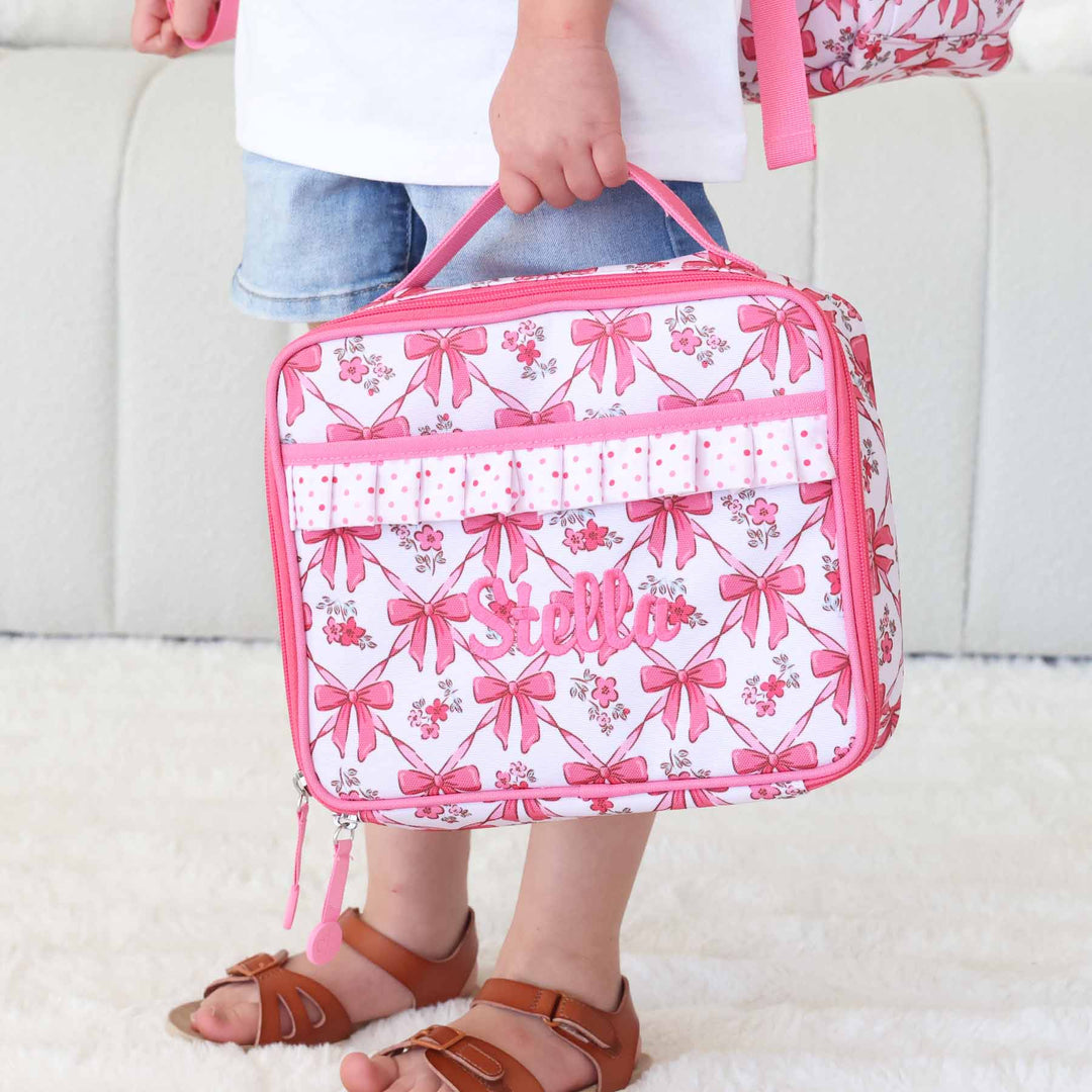 pink bow with pink polka dot embroidered lunchbox for girls 