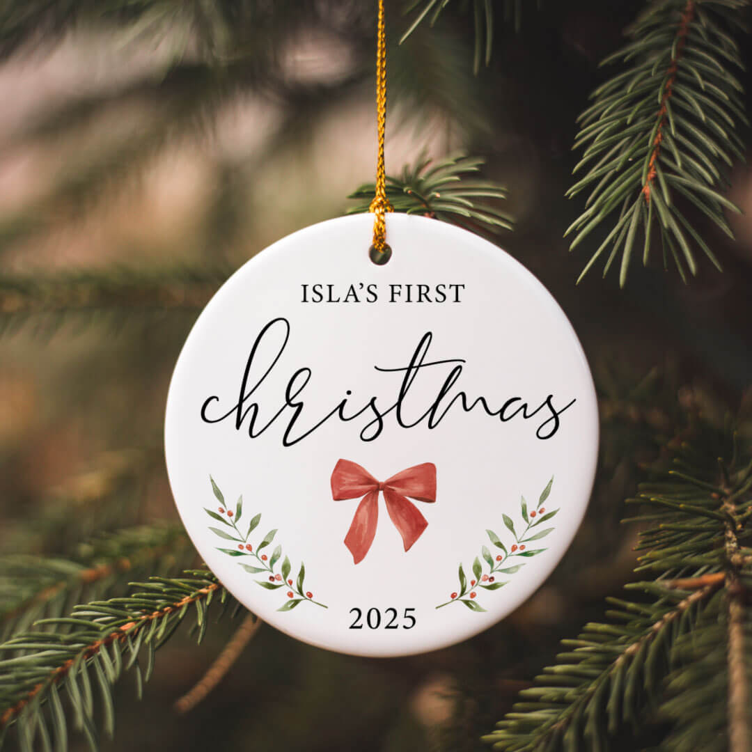 baby's first christmas personalized bow ornament 