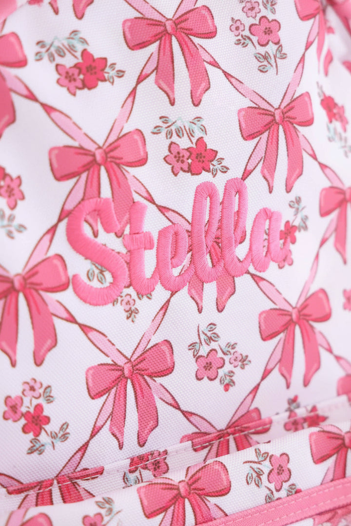 bow besties embroidered name backpack with hot pink thread 