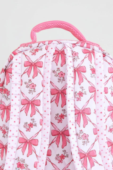 bow besties backpack for girls with pink polka dot trim and padded straps 