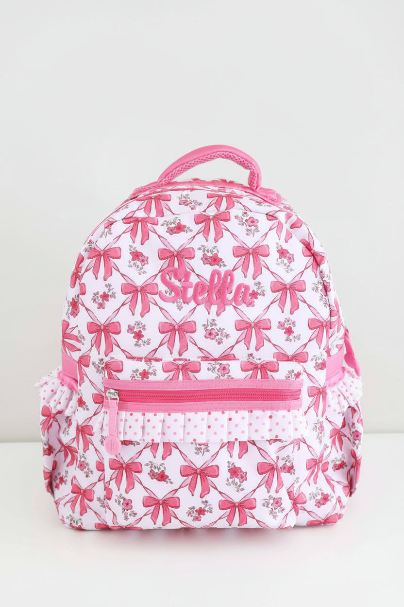 hot pink bow backpack for girls embroidered with name 