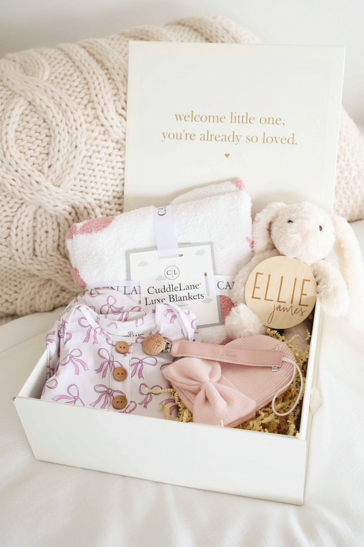 Standard - girly baby shower gift box for newborn girls bow themed