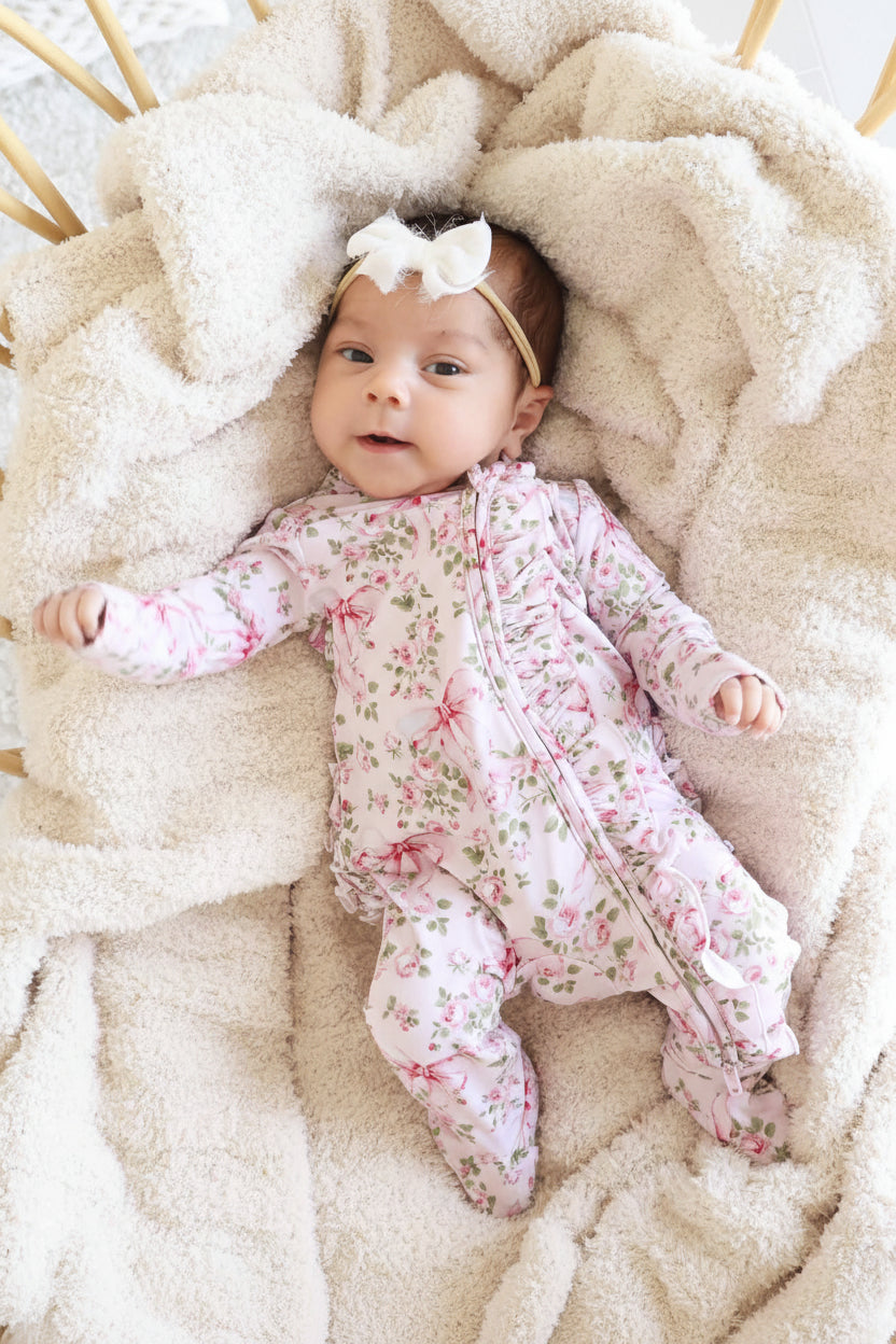 bows in bloom zipper ruffle footie for baby girls bamboo viscose 