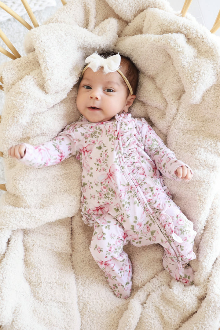bows in bloom zipper ruffle footie for baby girls bamboo viscose 
