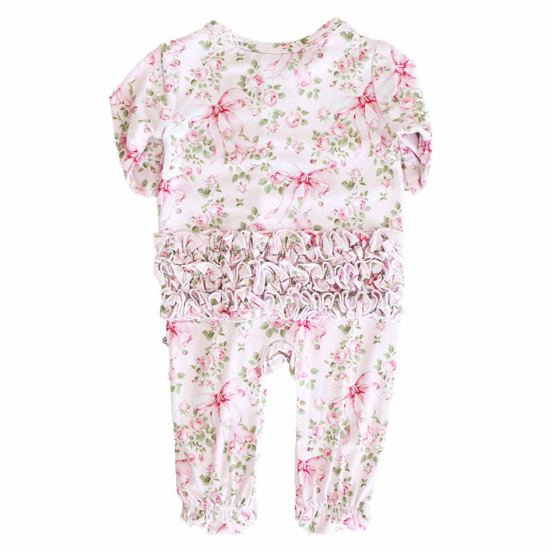 pink and green floral and bow ruffle zipper footie for girls