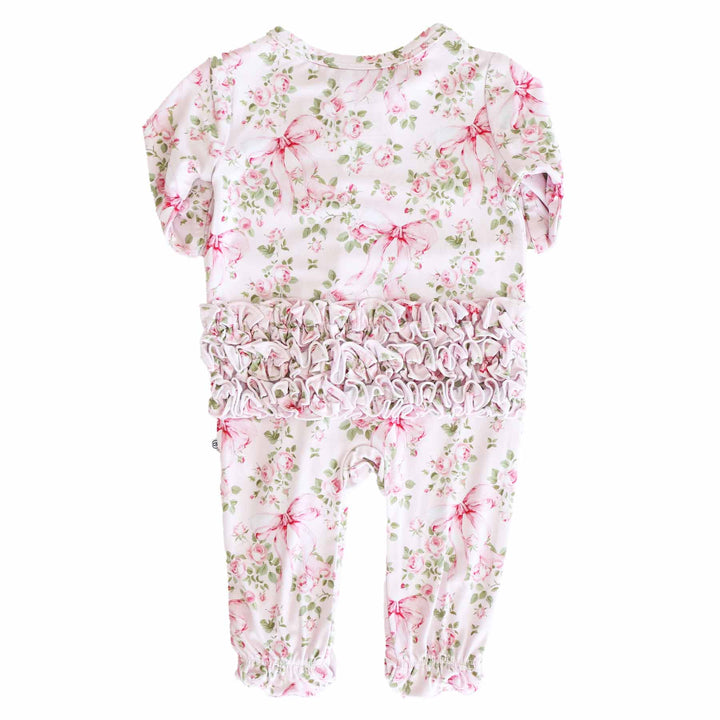 pink and green floral and bow ruffle zipper footie for girls